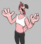 anthro beak clothed clothing eyes_closed eyewear glasses male open_mouth shirt simple_background solo tank_top topwear wristband ritts natey_(ritts) avian bird flamingo nonbinary_(lore)