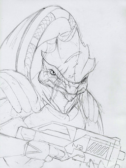 anthro armor facial_scar front_view grey_background gun head_scar holding_gun holding_object holding_ranged_weapon holding_weapon looking_at_viewer male mouth_closed mouth_scar pupils ranged_weapon scar simple_background slit_pupils solo weapon deriaz bioware electronic_arts mass_effect urdnot_wrex alien krogan 2013 graphite_(artwork) greyscale half-length_portrait monochrome portrait sketch traditional_media_(artwork)