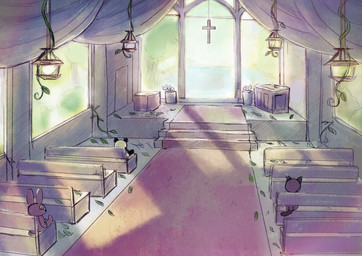 anthro biped black_body black_fur chibi church detailed_background fur group inside multicolored_body multicolored_fur plushie sitting trio two_tone_body two_tone_fur white_body white_fur araru bear domestic_cat felid feline felis giant_panda lagomorph leporid mammal rabbit 2020 absurd_res hi_res