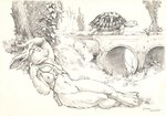 2020 4_toes 5_fingers ambiguous_gender anthro breasts clothing day detailed_background duo feet female feral fingers graphite_(artwork) hare lagomorph leporid mammal monochrome navel nipples outside pencil_(artwork) plant reptile scale_(artist) scalie sleeping smile the_tortoise_and_the_hare toes tortoise traditional_media_(artwork) tree turtle whiskers