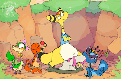 anthro balls big_balls blush bodily_fluids bow_tie dialogue female feral fire food genitals group guillotine long_tongue male male/male meat questionable_consent sausage smug sweat tears text tongue roksim nintendo pokemon pokemon_mystery_dungeon spike_chunsoft ampharos charmander gecqua generation_10_pokemon generation_1_pokemon generation_2_pokemon generation_5_pokemon pokemon_(species) snivy animated