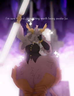 anthro antlers armwear clothing dialogue elbow_gloves eyes_closed female fingerless_gloves fur gloves grey_body grey_fur handwear horn huge_hips huge_thighs hyper hyper_hips hyper_thighs long_ears melee_weapon sabatons solo sparkles sword tail text thick_thighs weapon wide_hips spindastruck pseudoregalia sybil_(pseudoregalia) jackalope lagomorph mammal absurd_res english_text hi_res