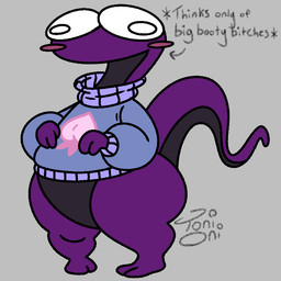 2_toes 3_fingers anthro big_butt big_eyes black_body blush blush_stickers bottomless bottomless_anthro bottomless_male butt clothed clothed_anthro clothed_male clothing feet fingers grey_background male multicolored_body pigeon_toed purple_body simple_background solo sweater sweater_only tail text thick_thighs toes topwear topwear_only two_tone_body wide_hips toni_oni amphibian humanoid newt salamander 1:1 english_text signature