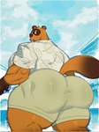 aloha_shirt anthro barazoku big_butt big_muscles bottomwear bubble_butt butt clothed clothing cloud day fur huge_butt huge_muscles huge_thighs looking_back male muscular muscular_anthro muscular_male narrowed_eyes outside pattern_clothing pattern_shirt pattern_topwear presenting presenting_hindquarters rear_view shirt shorts sky solo thick_thighs tight_bottomwear tight_clothing tight_shorts topwear tuft furryonline1 meejikom animal_crossing nintendo tom_nook_(animal_crossing) canid canine mammal raccoon_dog tanuki 2024 artist_collaboration hi_res