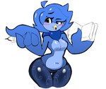 anthro black_bottomwear black_clothing black_pants blue_body blue_feathers bottomwear breasts clothed clothing feathers female holding_object pants small_breasts solo thick_thighs topless topless_female wide_hips eks-out undertale_yellow martlet_(undertale_yellow) avian bird