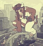 accessory anthro areola blinking breasts brown_body brown_fur brown_hair building building_destruction car city city_background cityscape destruction feet female footprint fur gathering hair headband headband_only highway hooves horn looking_down macro navel nipples nude rampage road sky skyscraper smile snout solo tail unguligrade vehicle white_body white_fur zanity rose_(scream) bovid bovine cattle mammal animated short_playtime story_at_source