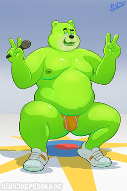 anthro belly big_belly black_nose bulge clothing detailed_bulge electronics food green_body humanoid_hands male microphone moobs nipples overweight overweight_male solo underwear clumsydrawing gummybear_and_friends gummibar bear food_creature mammal 2025 hi_res