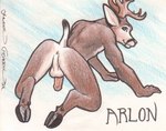 all_fours anthro antlers anus balls butt genitals hooves horn looking_back male nude penis presenting presenting_hindquarters rear_view smile solo frank_gembeck deer mammal 1999 traditional_media_(artwork)