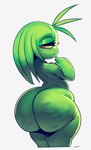 ambiguous_gender anthro big_butt butt eyelashes femboy glistening glistening_body glistening_butt glistening_eyes glistening_skin glistening_thighs green_body green_hair green_pseudo_hair hair huge_butt huge_thighs light looking_at_viewer looking_back narrowed_eyes not_furry nude orange_eyes pose presenting presenting_hindquarters pseudo_hair rear_view seductive simple_background smile solo standing teapot_(body_type) text thick_thighs white_background white_sclera wide_hips sqoon jay_(sqoon) alien humanoid puwa 2025 colored dated digital_drawing_(artwork) digital_media_(artwork) digital_painting_(artwork) english_text hi_res lighting painting_(artwork) portrait shaded signature three-quarter_portrait intersex_(lore)