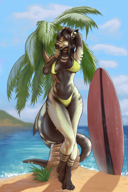 anthro beach bikini biped board breasts clothing cloud ear_piercing ear_ring female female_anthro fin fish_tail gauged_ear grass green_eyes hand_on_head navel non-mammal_breasts palm_tree paws piercing plant plug_(jewelry) ring_piercing sand seaside sky solo surfboard swimwear tail tail_fin tree two-piece_swimsuit water yellow_bikini yellow_clothing yellow_swimwear ghost738589 fish marine shark 2:3 colored hi_res
