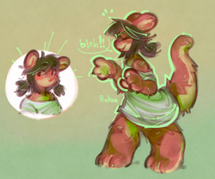 anthro bleh blush brown_body brown_fur clothing dark_hair fur male off-shoulder_top oversized_clothing oversized_shirt oversized_topwear pigtails shirt smile solo speech_bubble standing tongue tongue_out topwear panken devon_(panken) mammal mustelid otter hi_res