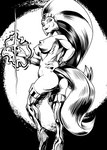 2020 anthro black_and_white breasts bucky_o'hare_(series) clothing domestic_cat dumpster_shark felid feline felis female fur hair hi_res jenny_(bucky_o'hare) legwear long_hair looking_at_viewer looking_back looking_back_at_viewer magic mammal monochrome mostly_nude nipples pupils slit_pupils solo tail thigh_highs uba