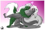 4_toes anthro barefoot blush breasts collar collar_only duo eyes_closed feet female fur green_body green_skin grey_body grey_fur hair heart_symbol hug male markings nude overweight overweight_anthro overweight_male raised_foot toes white_hair white_markings chrisandcompany chris_t._snuggleskunk kelsey_sienna mammal mephitid skunk 3:2 hi_res