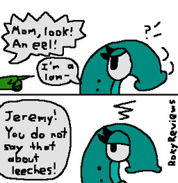 annoyed anthro dialogue eyelashes female gesture gills hand_gesture motion_lines pointing pointing_at_another question_mark simple_background solo speech_bubble text toony white_background roxyreviews laura_(roxyreviews) aquatic cyclostome fish jawless_fish lamprey comic english_text low_res