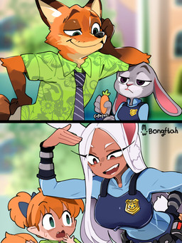 4_fingers 5_fingers accessory aloha_shirt annoyed anthro badge belt biceps big_breasts black_belt black_ears black_eyebrows black_necktie blue_bottomwear blue_bow blue_clothing blue_pants blue_shirt blue_topwear blue_vest blurred_background bottomwear bow_ribbon breasts brown_body brown_ears brown_eyebrows brown_fur brown_tail bulletproof_vest carrot clothed clothed_anthro clothed_female clothed_humanoid clothed_male clothing cosplay crossover_cosplay day eyebrow_through_hair eyebrows eyelashes female fingers food fur green_clothing green_eyes green_shirt green_topwear grey_body grey_bottomwear grey_clothing grey_ears grey_fur grey_pants group hair hair_accessory hair_bow hair_ribbon half-closed_eyes holding_carrot holding_food holding_object holding_vegetable humanoid_pointy_ears leaning leaning_forward leaning_on_another long_eyelashes long_hair long_sleeves looking_at_breasts looking_down male medium_breasts multicolored_body multicolored_ears multicolored_fur multicolored_necktie narrowed_eyes necktie notebook one_eye_half-closed open_mouth orange_body orange_ears orange_fur orange_tail outside pants pattern_clothing pattern_necktie pattern_shirt pattern_topwear pink_inner_ear plant pointy_ears police police_badge police_officer ponytail pupils purple_eyes raised_eyebrow red_tongue ribbons shirt short_sleeves short_tail smile smirk striped_necktie tail tan_body tan_fur tan_inner_ear tan_skin teeth tongue topwear translucent translucent_hair two_tone_necktie two_tone_tail utility_belt vegetable vest white_ears white_eyebrows white_hair white_necktie white_tail wide_eyed young young_humanoid young_male bongftah disney inuyasha my_hero_academia zootopia judy_hopps nick_wilde rumi_usagiyama shippou_(inuyasha) animal_humanoid canid canid_humanoid canine canine_humanoid european_rabbit fox fox_humanoid humanoid lagomorph lagomorph_humanoid leporid leporid_humanoid mammal mammal_humanoid oryctolagus quirked_human_(my_hero_academia) rabbit rabbit_humanoid red_fox true_fox 2025 3:4 absurd_res crossover hi_res signature