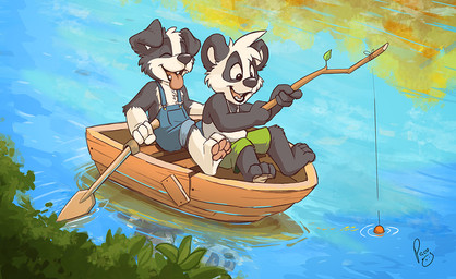 anthro barefoot black_body black_fur blue_clothing blue_overalls boat bottomwear clothed clothing duo eyes_closed fangs feet fishing fur glistening glistening_eyes green_bottomwear green_clothing green_shorts head_tuft logo male open_mouth open_smile overalls paddle pawpads pink_pawpads pink_tongue shorts sitting smile teeth tongue topwear tuft vehicle water watercraft white_body white_clothing white_fur white_topwear young young_anthro young_male pandapaco parinton roni_(imroni) bear border_collie canid canine canis collie domestic_dog giant_panda herding_dog mammal pastoral_dog sheepdog artist_logo signature