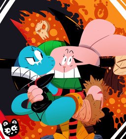 anthro blue_body blue_fur butt canon_couple clothing eyebrows fangs female fur husband_and_wife male married_couple mature_anthro mature_female mature_male panties pink_body pink_fur raised_eyebrow red_nose surprised teeth underwear whiskers kingraam cartoon_network the_amazing_world_of_gumball nicole_watterson richard_watterson felid lagomorph leporid mammal rabbit vampire