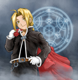 5_fingers abstract_background belt belt_buckle black_bottomwear black_clothing black_jacket black_pants black_shirt black_topwear blonde_hair bottomwear brown_belt buckle clothed clothing fingers front_view fully_clothed gloves grey_background hair hand_on_own_waist handwear human_only jacket magic magic_circle male not_furry pants shirt simple_background smile solo topwear white_clothing white_gloves white_handwear yellow_eyes ribera fullmetal_alchemist edward_elric human mammal grandfathered_content half-length_portrait portrait source_request