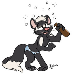 3_toes 4_fingers black_body black_fur bottle briefs clothing container digitigrade dipstick_tail drunk feet fingers fur hair markings multicolored_tail pink_nose solo standing substance_intoxication tail tail_markings toes underwear whiskers white_body white_fur white_hair xylious mammal mephitid skunk