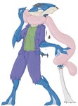 anthro anthrofied blue_body blue_skin claws clothing feet hair_loss male melee_weapon membrane_(anatomy) pokemorph shocked solo sword toes tongue tongue_out torn_clothing transformation weapon webbed_feet webbed_hands johnsergal nintendo pokemon amphibian generation_6_pokemon greninja pokemon_(species) absurd_res hi_res