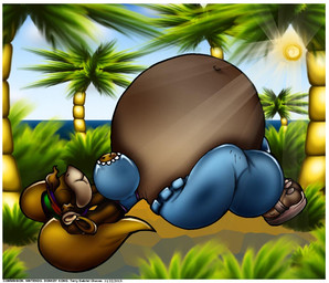 anthro belly big_belly big_breasts blonde_hair bottomwear breasts brown_body brown_fur clothing eyes_closed female footwear fur hair hands_behind_head headgear headwear huge_belly hyper hyper_belly hyper_pregnancy light lying navel on_back palm_tree pants plant pregnant sandals shoes sleeping solo sun sunlight sweatpants thick_thighs topwear tree virus-20 donkey_kong_(series) nintendo tiny_kong kong mammal primate 2013 digital_media_(artwork)