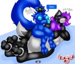 3_toes 4_fingers anthro big_breasts big_butt big_feet blep blue_body blue_fur blue_hair breasts butt claws cybernetics dialogue duo feet female fingers fur hair hindpaw long_tail looking_at_another looking_back lying lying_on_ground machine nipples nude on_ground pawpads paws piercing protogen_visor sitting sitting_on_another size_difference smug smug_face speech_bubble tail text toes tongue tongue_out vore wet wet_body yellow_eyes sokoyo_owo nat_(kingcreep105) starry_(sokoyo_owo) animal_humanoid canid canine canis cyborg humanoid mammal mammal_humanoid protogen wolf hi_res