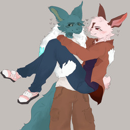 anthro black_sclera blue_body blue_eyes blue_fur bottomwear brown_ears carrying_another carrying_partner clothing duo female footwear fur happy heart_symbol jacket looking_at_another looking_at_partner male male/female neck_tuft pants red_eyes scut_tail shoes short_tail smile tail topwear tuft white_body white_fur appledpie cinnamon_(bunwithmemes) frost_jeckals_(huf13) fenril_(spicy_flakes) lagomorph leporid mammal rabbit 1:1 hi_res