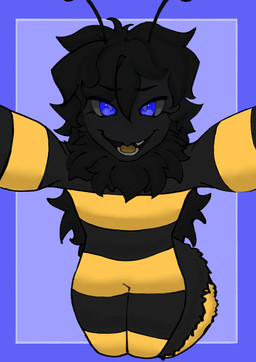 antennae_(anatomy) anthro arthropod_abdomen black_hair black_stripes blue_eyes femboy fur hair long_hair looking_at_viewer male male/male missing_tooth posing_for_picture smile smiling_at_viewer solo striped_body striped_fur stripes tongue yellow_stripes yellow_tongue anonymous_artist goop_original arthropod bee bumble_bee_(species) humanoid hymenopteran insect hi_res