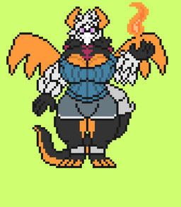 anthro bottomwear breasts clothing eyewear female fire glasses green_background horn pants simple_background solo standing sweater topwear wings chaoskres mythology dragon humanoid mythological_creature mythological_scalie scalie digital_media_(artwork) pixel_(artwork) tagme