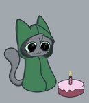 birthday birthday_cake cake candle cloak clothing dessert food green_cloak green_clothing green_sclera grey_background grey_body male simple_background smile solo tail gooblie_2 isaac_(gooblie_ii) domestic_cat felid feline felis mammal hi_res