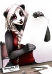 advertisement anthro black_body black_fur clothing eraser female fur hair long_hair oh_exploitable open_mouth paper pen pencil_(object) red_clothing red_eyes red_shirt red_topwear shirt sitting solo teeth text tongue topwear white_body white_fur white_hair shalinka shalinka_(character) bear giant_panda mammal 2012 english_text