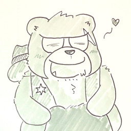 anthro biped blush chibi clothing cute_fangs duo eyes_closed fangs hat headgear headwear heart_symbol kemono scar simple_background teeth otukemonoyasan kumalino sanrio brew_(kumalino) bear mammal 2022 hi_res