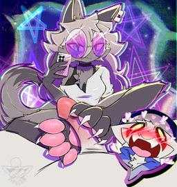 anthro cellphone claws duo electronics feet female foot_fetish foot_play footjob holding_object holding_phone male male/female open_mouth pawpads paws penile phone sex sharp_teeth smartphone teeth two-footed_footjob vytelux epic_games fortnite nyanja_(fortnite) wolfie_(fortnite) canid canine canis domestic_cat felid feline felis mammal wolf 2025 hi_res