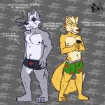 ascot barefoot black_clothing black_undergarments black_underwear boxers_(clothing) cigarette clothed clothing collar duo eye_patch eyewear feet green_clothing green_underwear grey_background male nipples pattern_background simple_background slightly_chubby smoking star_fox_symbol starfox_logo text topless underwear ventkazemaru nintendo star_fox fox_mccloud wolf_o'donnell canid canine canis fox mammal wolf 1:1 absurd_res english_text hi_res model_sheet