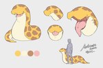 ambiguous_gender color_swatch countershading dot_eyes duo feral gills markings open_mouth simple_background simple_eyes solo spots spotted_body teeth tongue tongue_out yellow_body aoihinoki1024 eel fish marine mouth 3:2 model_sheet signature