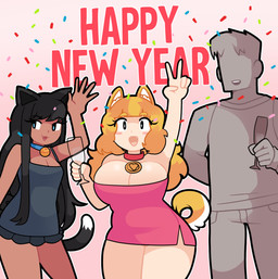 big_breasts black_clothing black_dress black_hair bottomwear breasts cleavage clothed clothing confetti container cup dark_body dark_skin dress drinking_glass faceless_character faceless_human faceless_male female gesture glass glass_container glass_cup group hair hand_gesture holding_container holding_cup holding_drinking_glass holding_object holding_wine_glass holidays huge_breasts long_hair male medium_breasts minidress miniskirt pink_background pink_clothing pink_dress simple_background skirt sparkles sparkling_eyes standing text trio v_sign wine_glass onigiri_punch new_year animal_humanoid canid canid_humanoid canine canine_humanoid cat_humanoid dog_humanoid felid felid_humanoid feline feline_humanoid human humanoid mammal mammal_humanoid english_text hi_res