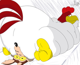 anthro beak big_butt brown_body brown_fur butt butt_focus duo feathers fur huge_butt male monobutt multicolored_body multicolored_feathers red_body red_feathers smile tail tail_feathers two_tone_body two_tone_feathers white_body white_feathers alvavolcanicus looney_tunes warner_brothers foghorn_leghorn wile_e._coyote avian bird canid canine canis chicken coyote galliform mammal phasianid digital_media_(artwork) hi_res