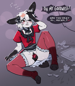 anthro balls biped black_bottomwear black_clothing black_markings black_skirt blush blush_lines bottomwear chastity_cage chastity_device clothed clothing crossdressing crossdressing_male dialogue ear_piercing facial_piercing femboy fur genitals glass_shards gloves_(marking) hair inner_ear_fluff leg_markings legwear male markings no_underwear nose_piercing nose_ring offscreen_character partially_clothed piercing red_clothing red_legwear red_shirt red_stockings red_topwear ring_piercing shirt short_hair simple_background sitting skirt socks_(marking) solo speech_bubble stockings text thigh_highs topwear tray tuft white_body white_fur white_hair white_inner_ear_fluff somik troey lagomorph leporid mammal rabbit 2026 english_text