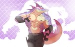 abs anthro belt biceps bodily_fluids bottomwear clothing fingerless_gloves front_view gloves handwear holding_pecs looking_aside male muscular muscular_anthro muscular_male navel nipples pants pec_grab pecs purple_body red_eyes sharp_teeth solo spiked_tail spikes spikes_(anatomy) sweat tail teeth top_heavy crimenes insomniac_games playstation ratchet_and_clank sony_corporation sony_interactive_entertainment alien extraterrestrial lizard reptile scalie thugs-4-less 2022 absurd_res dated hi_res signature