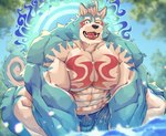 abs anthro blue_body blue_fur bottomwear clothing fur male muscular muscular_anthro muscular_male nipples one_eye_closed pecs shorts swimwear tattoo tongue tongue_out wink mti777 asian_mythology east_asian_mythology japanese_mythology lifewonders mythology tokyo_afterschool_summoners oguchi_magami_(tas) canid canine canis mammal wolf hi_res