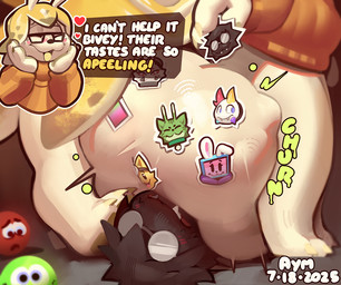 ambiguous_gender ambiguous_prey belly belly_on_head big_belly clothed clothing digestion duo female female/female female_prey imminent_vore male male_prey onomatopoeia partially_clothed sound_effects sticker stickers_on_body tattooification teasing text vore vore_tattoo aymbord regretevator roblox the_axolotl_sun bive_(regretevator) split_(regretevator) ambiguous_species canid canine canis domestic_dog gastropod humanoid mammal mollusk snail taur english_text
