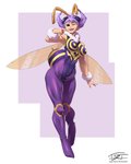 autograph bee_sting breasts character_signature clothing empty_eyes female humanoid_hands insect_wings one_eye_closed open_mouth purple_eyes simple_background smile solo translucent translucent_wings wings hardtones capcom darkstalkers q-bee arthropod bee humanoid hymenopteran insect 2019 4:5 digital_media_(artwork) hi_res