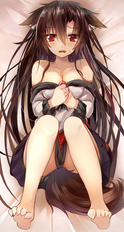 barefoot blush bodily_fluids bottomwear breasts clothed clothing feet female fully_clothed hair long_hair looking_at_viewer lying red_eyes skirt solo sweat sweatdrop efe touhou kagerou_imaizumi animal_humanoid canid canid_humanoid humanoid mammal mammal_humanoid 2015