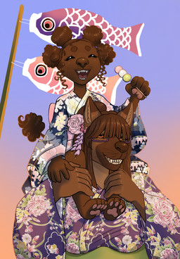 age_difference anthro asian_clothing brown_body brown_fur clothing coiled_hair curly_hair dango_(food) duo east_asian_clothing eyewear female female/female fur glasses golden_hour hair japanese_clothing kimono pawpads young yukata breadbitch420 children's_day_(japan) katie_(breadbitch420) phoebe_(breadbitch420) aquatic canid canine canis carp cyprinid cypriniform domestic_dog fish german_shepherd herding_dog mammal pastoral_dog poodle hi_res trans_(lore) trans_woman_(lore)