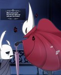 ambiguous_gender black_body black_eyes dialogue duo female holding_object holding_weapon horn size_difference text weapon white_body white_horn scocks4you hollow_knight team_cherry hornet_(hollow_knight) zote_(hollow_knight) humanoid vessel_(species) english_text