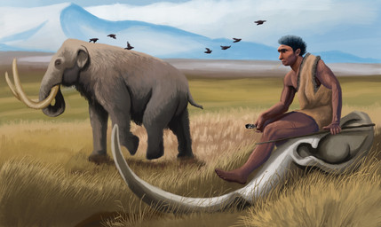 adolescent black_hair bone clothed clothing duo feral grass hair melee_weapon mountain mountain_range plant polearm proboscis_(anatomy) quadruped sitting skull snow spear steppe tan_body tan_skin trunk_(anatomy) tusks weapon young agustindiazart ambient_bird archaic_human hominin homo_heidelbergensis mammal primate steppe_mammoth 2021 hi_res
