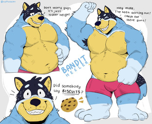 anthro barefoot belly clothed clothing dialogue feet flexing male musclegut muscular obese overweight showing_teeth simple_background solo text topless ruffusbleu bluey_(series) bandit_heeler australian_cattle_dog canid canine canis cattledog domestic_dog herding_dog mammal pastoral_dog english_text hi_res