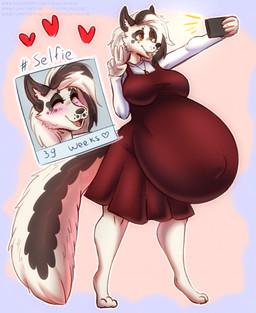 anthro belly big_belly big_breasts big_tail blush breasts clothing dress female fur gesture hand_gesture heart_symbol huge_belly hyper hyper_pregnancy jewelry long_sleeves markings mature_female multicolored_body multicolored_fur navel_outline necklace one_eye_closed pregnant pregnant_anthro pregnant_female red_clothing red_dress selfie smile solo spots spotted_body spotted_fur standing tail taking_picture taking_selfie text v_sign freddymartin yulia_(mattfolfsky) canid canine fox hybrid mammal 2024 digital_media_(artwork) english_text hi_res