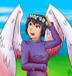 breasts clothed clothing feathered_wings feathers female floral flower flower_crown flower_garland fully_clothed garland hair head_wreath multicolored_hair not_furry open_mouth outside plant solo standing sweater topwear torn_clothing two_tone_hair wings thundragon angel angel_humanoid humanoid winged_humanoid hi_res portrait