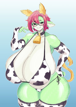 animal_print anthro bell bell_collar big_breasts bikini biped breasts clothed clothing collar cow_print cowbell eyelashes eyewear female glasses green_body huge_breasts hyper hyper_breasts legwear looking_at_viewer mature_female multicolored_body pupils side-tie_bikini simple_background smile solo string_bikini swimwear thick_thighs thigh_highs two-piece_swimsuit white_body darbooart scalie absurd_res hi_res